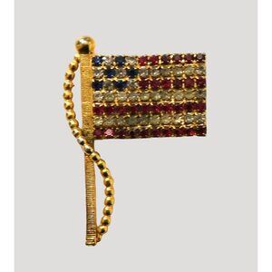 Vintage American Flag Rhinestone Pin Brooch RWB Crystals Gold Tone Patriotic
